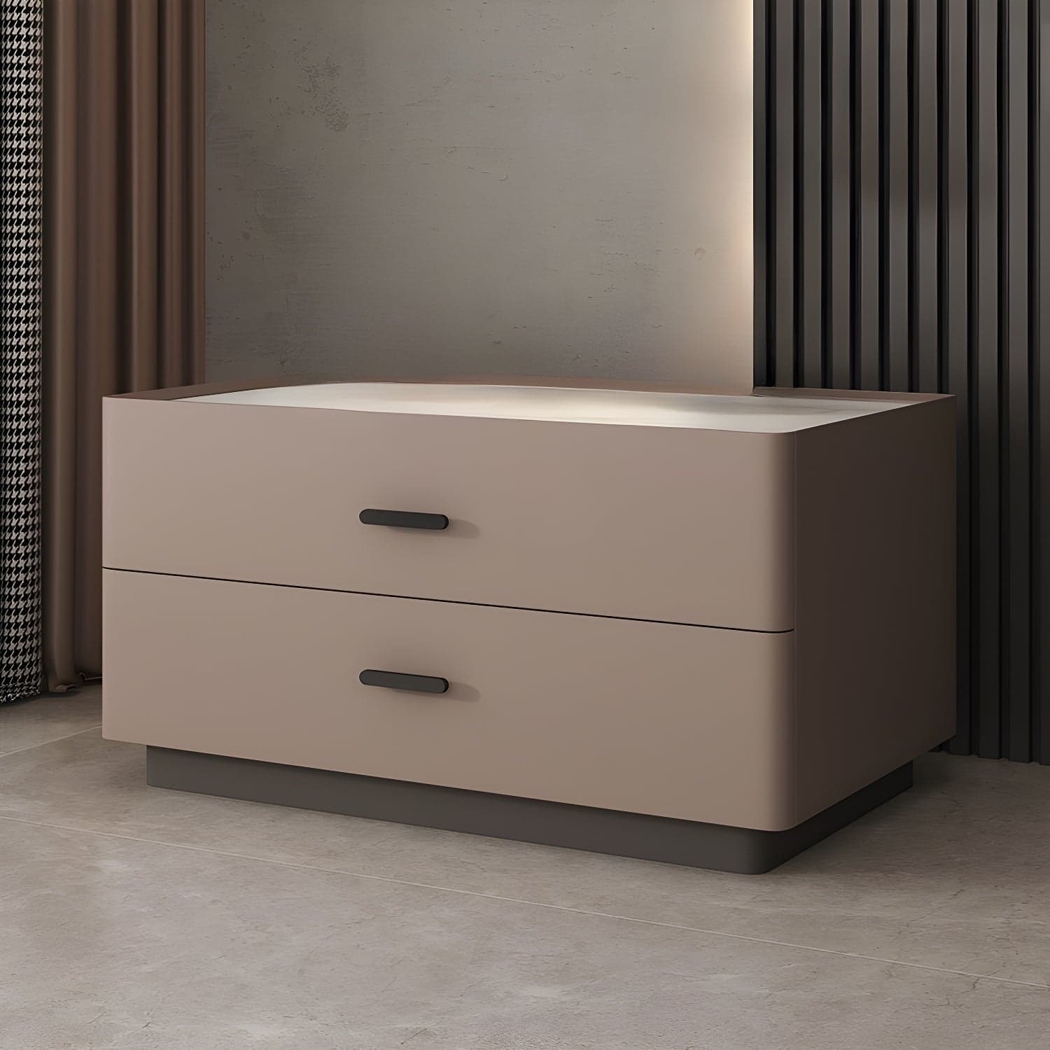 Elegant Two-Drawer Faux Leather Nightstand with Stone Countertop in Low Height for Modern Homes thumbnail 5