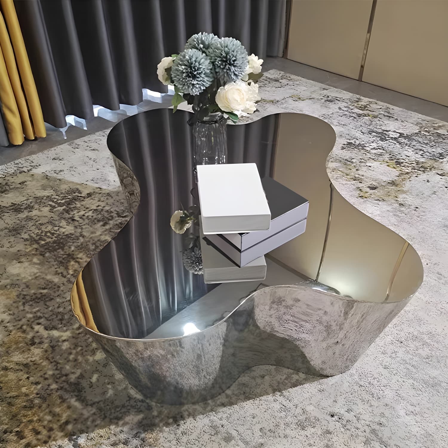 Silver Modern Coffee Table with Free Form Metal Top and Abstract Stainless Steel Base thumbnail 3