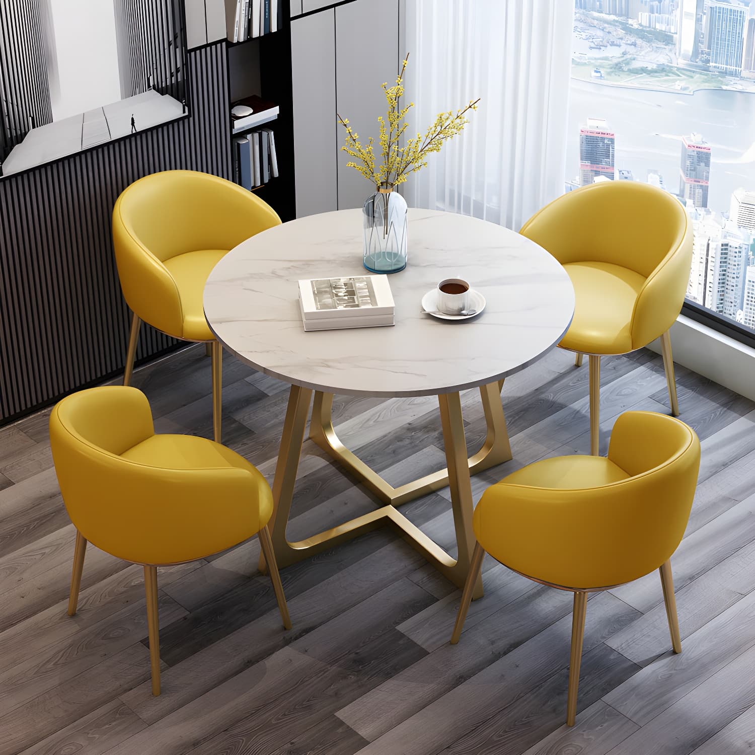 5-Piece Glam Dining Set Round White Table with Gold Metal Base and Upholstered Chairs thumbnail 8