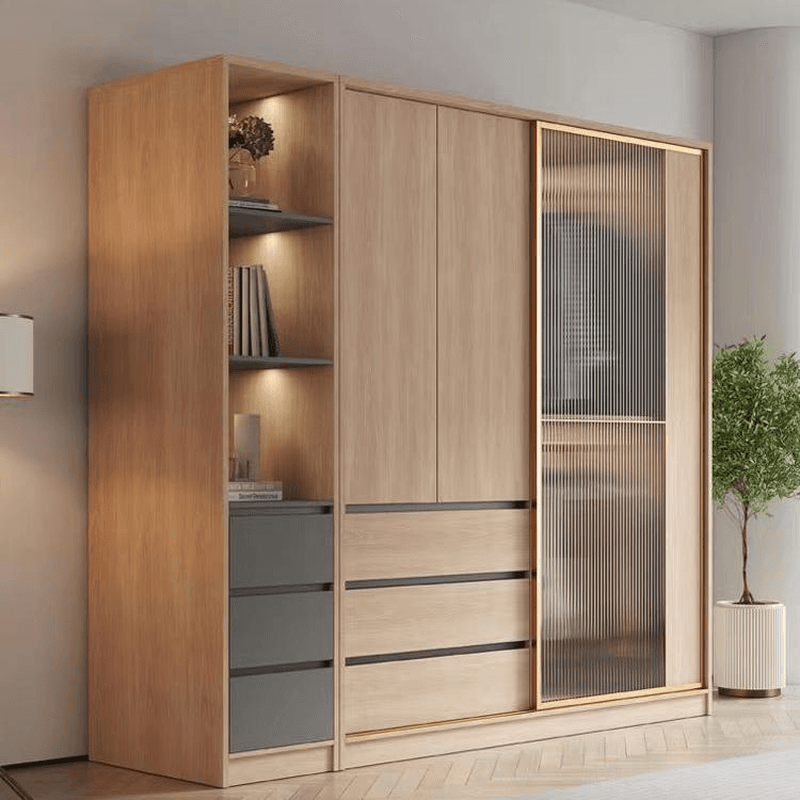 Natural Finish Art Deco Timber Wardrobe Armoire with Soft Close Drawer, Soft Close Door, Interior Shelves, and Clothing Rod