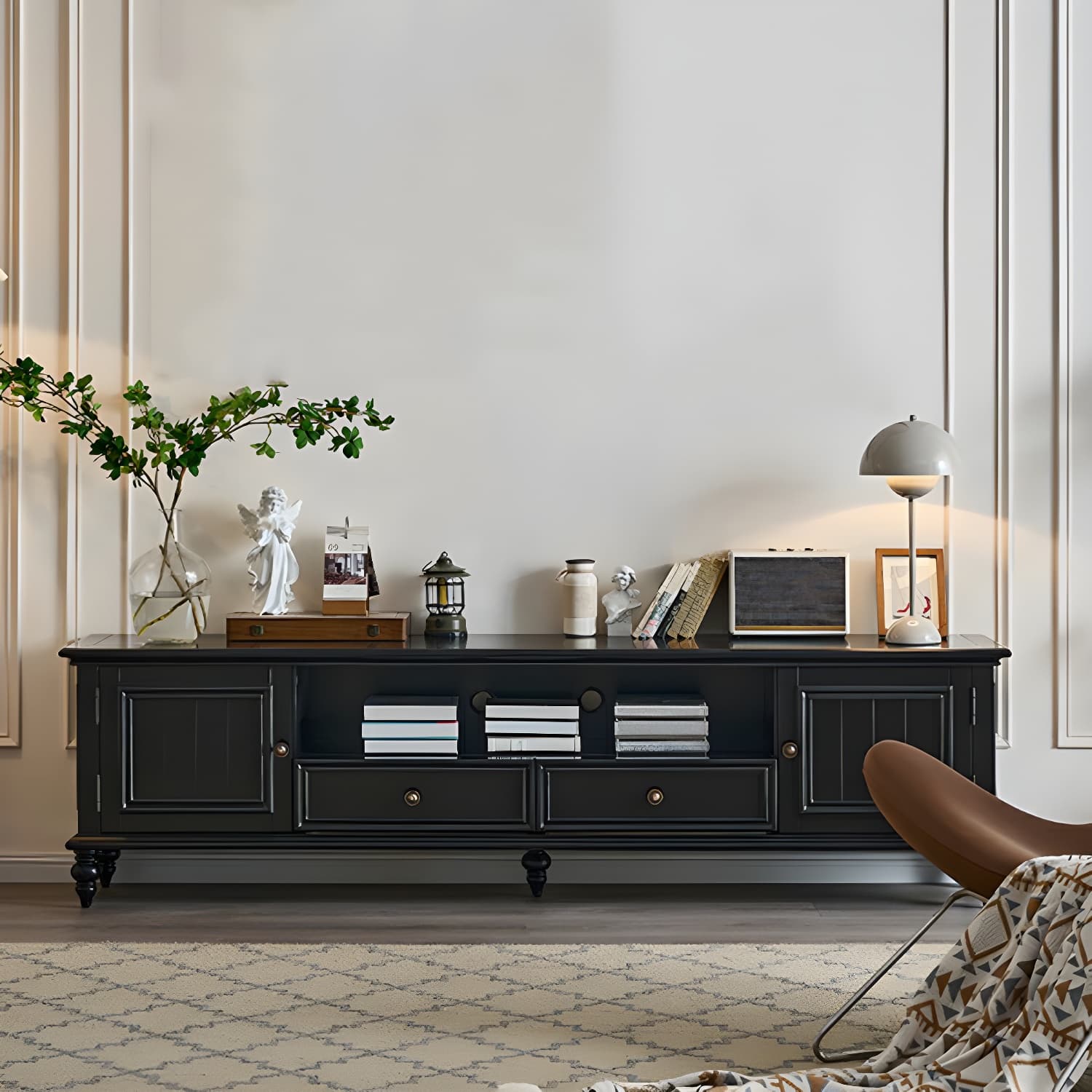 Modern Wood TV Stand with Open Storage & Cabinet Included - Standard Height - 3 Cabinets - With Legs thumbnail 3