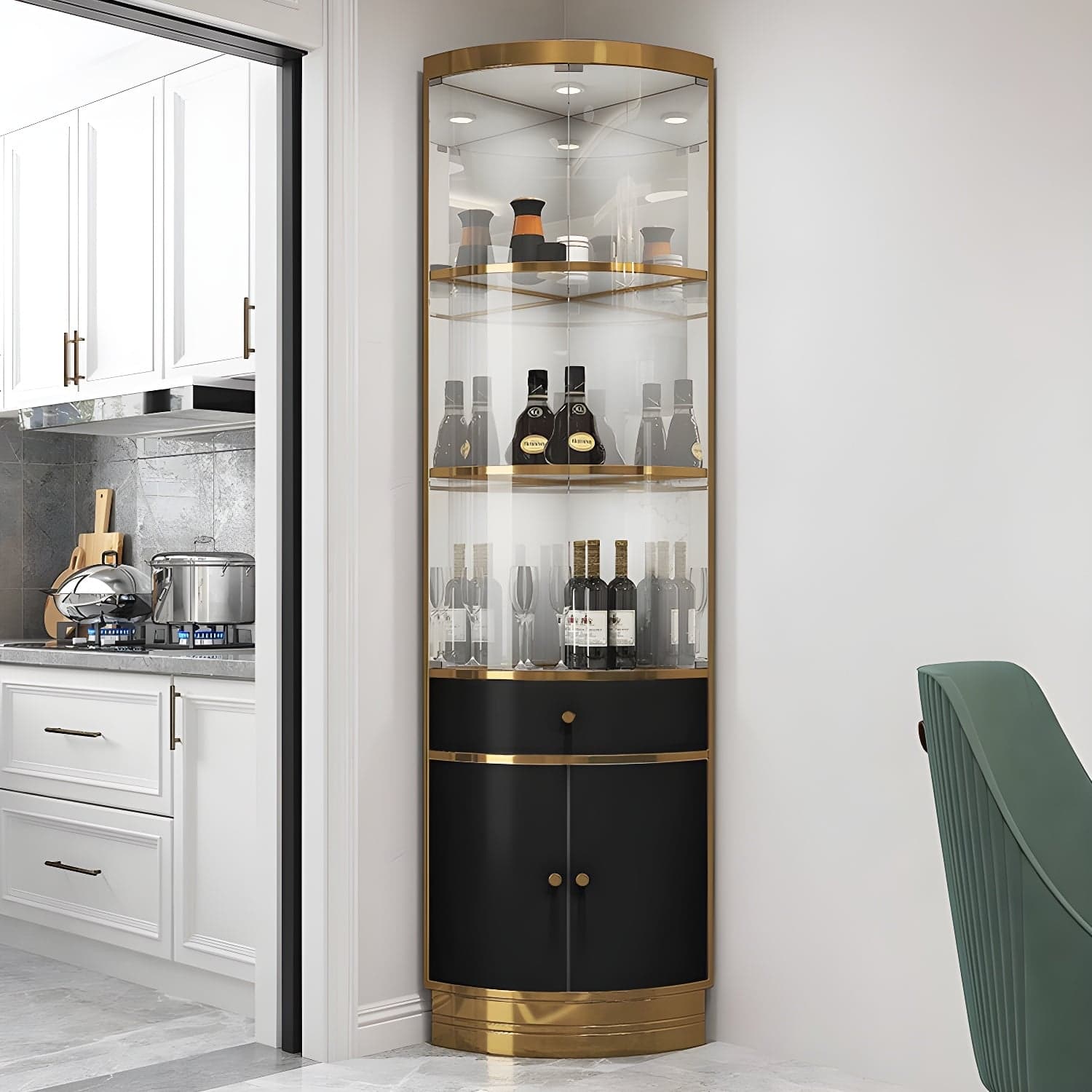 Corner Modern Accent Cabinet with Wood Counter Top, Glass Doors, and Metal Base thumbnail 2