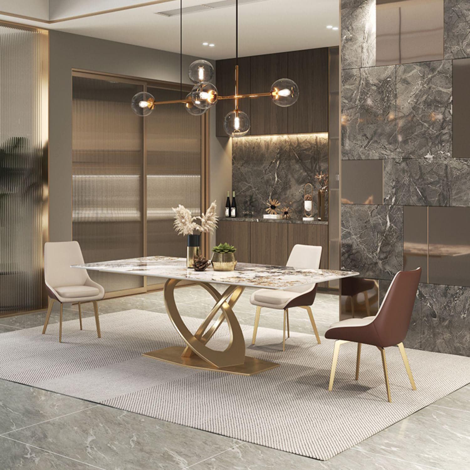 Glossy Beige Dining Table Set 1/2/5/7 Pcs Glam Dinette Set with Leather Chairs thumbnail 10