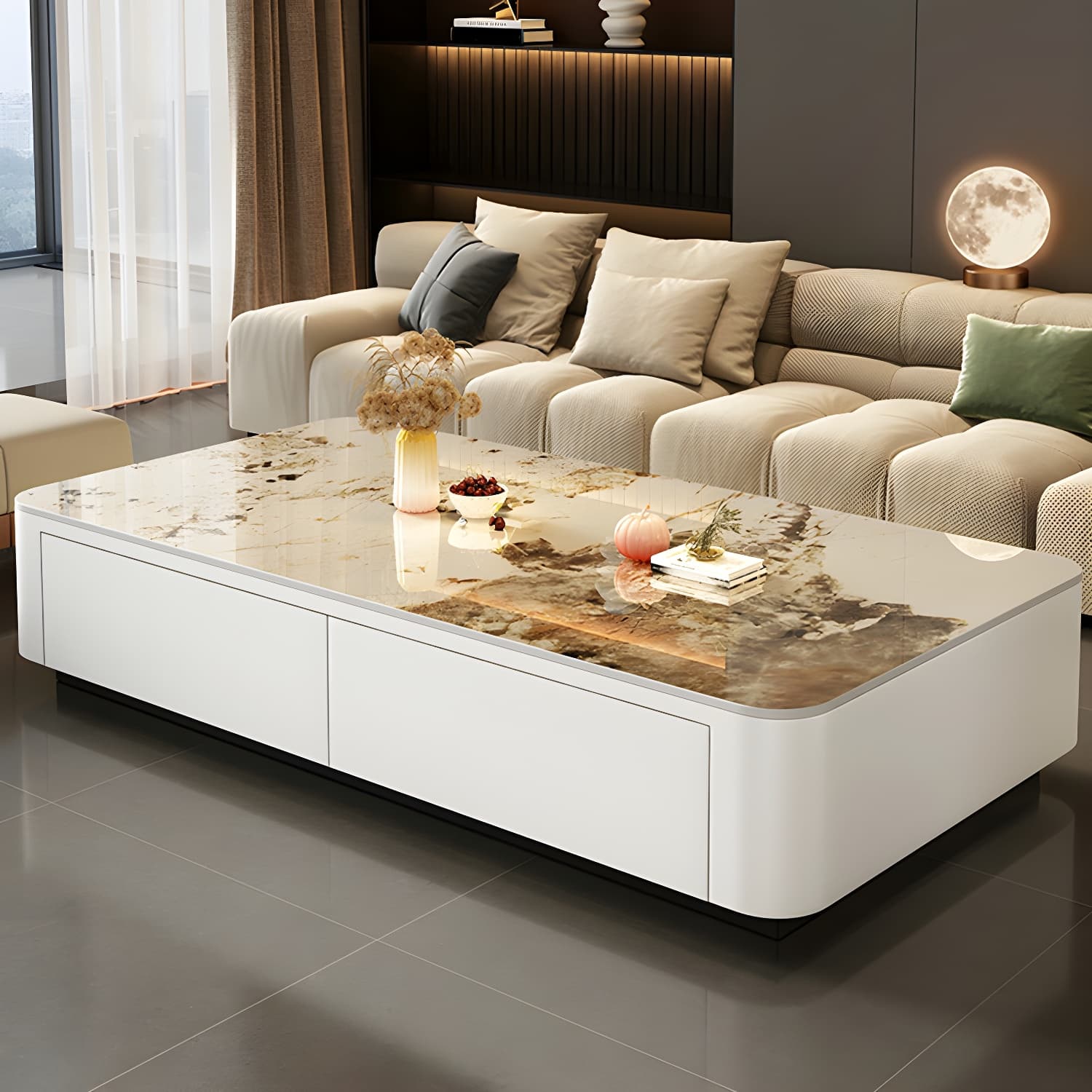 Modern Style Stone Top Steel Base Block Coffee Table with 4 Drawers Rectangular Shape thumbnail 13