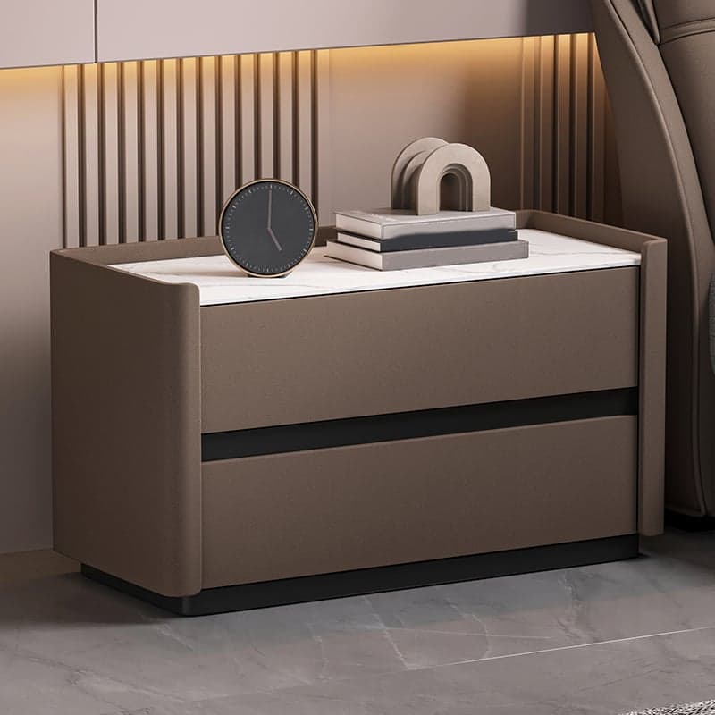 Modern Faux Leather Nightstand with 2 Drawers in Stone Countertop thumbnail 2