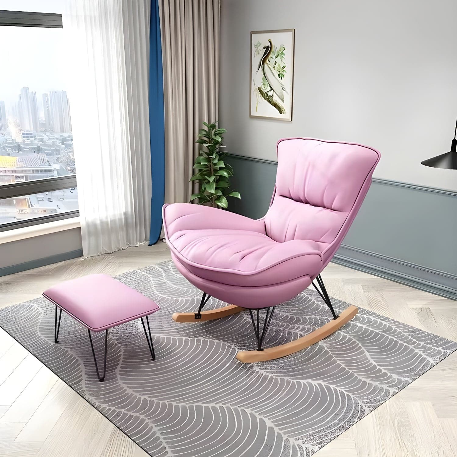Modern Glider Chair Solid Pure Color Faux Leather Rocker Chair with Ottoman thumbnail 8