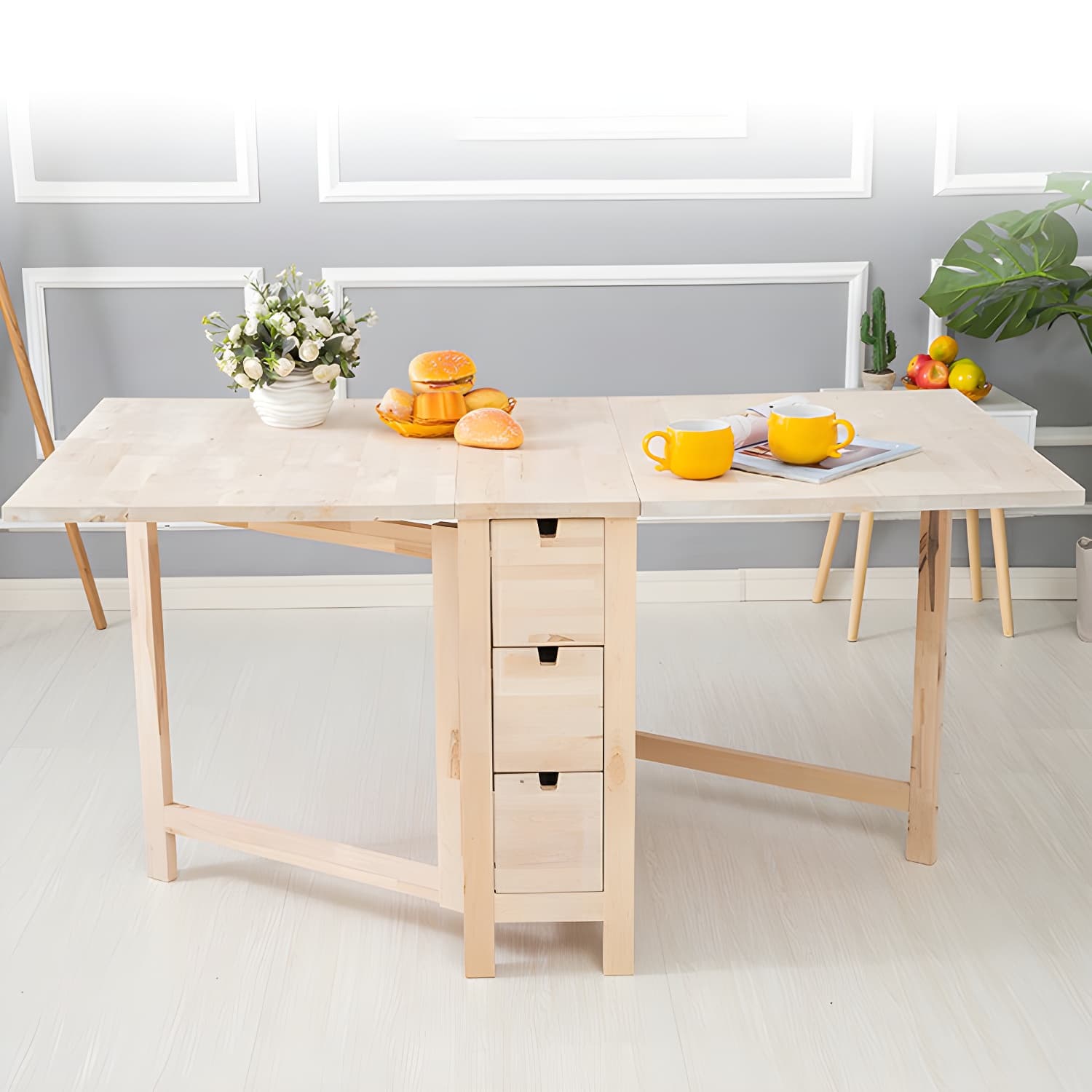 Modern Birch Wood Drop Leaf Rectangle Kitchen & Dining Table with Pedestal Base and Storage Included thumbnail 12