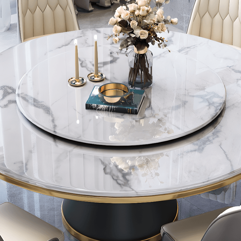 Circular Slate Dining Table Set with Pedestal Base, Upholstered Swivel Chairs, and Upholstered Back thumbnail 5