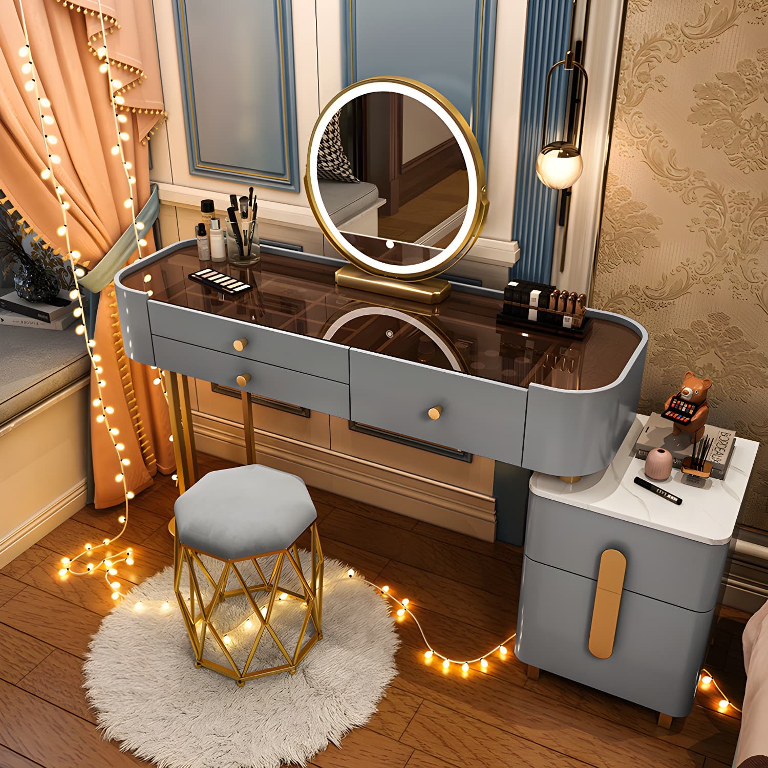 Modern Solid Wood Makeup Vanity Desk Bedroom Vanity Dressing Table Set thumbnail 7