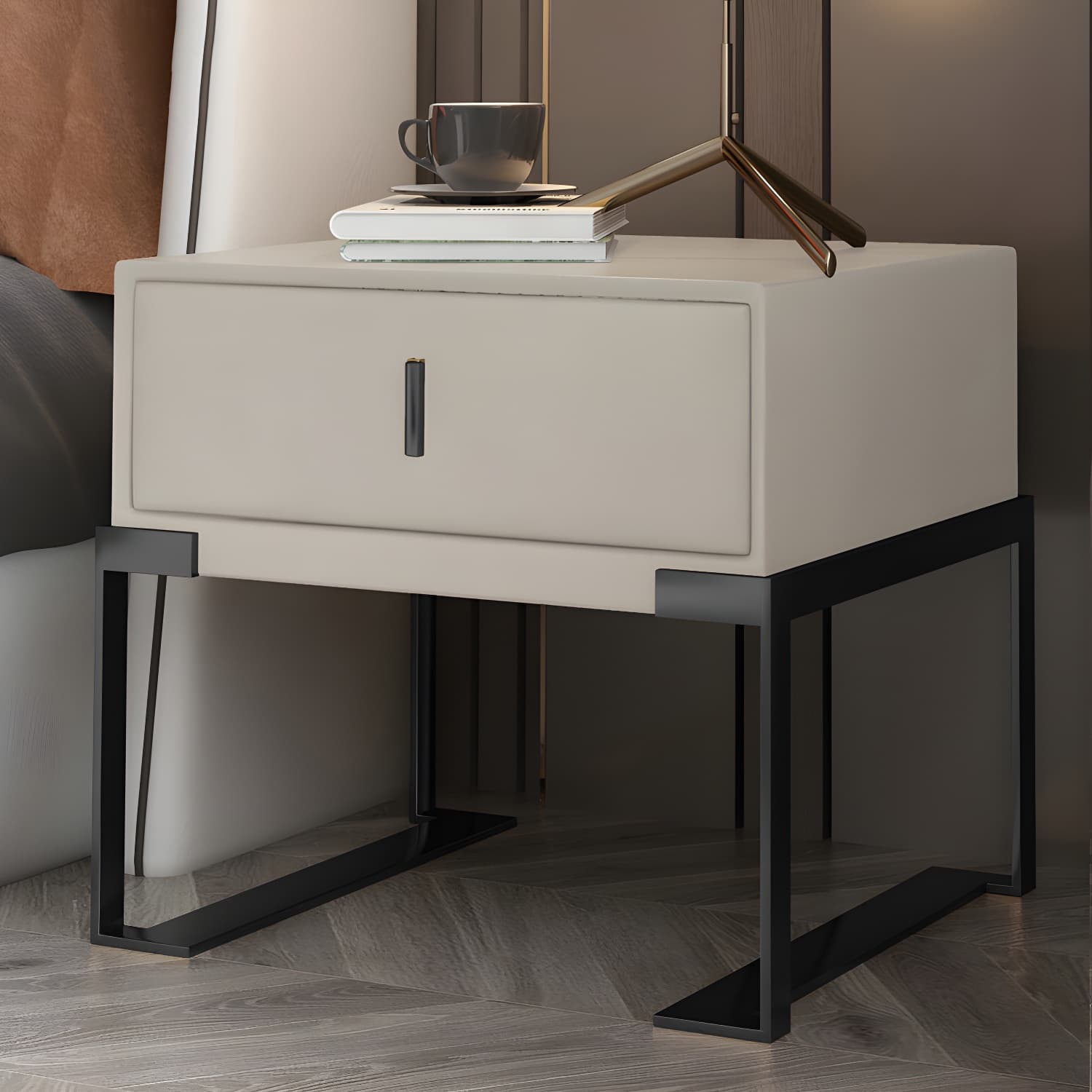 Faux Leather Nightstand 1-Drawer 21 Inch Tall Modern Legs Included Night Table thumbnail 15