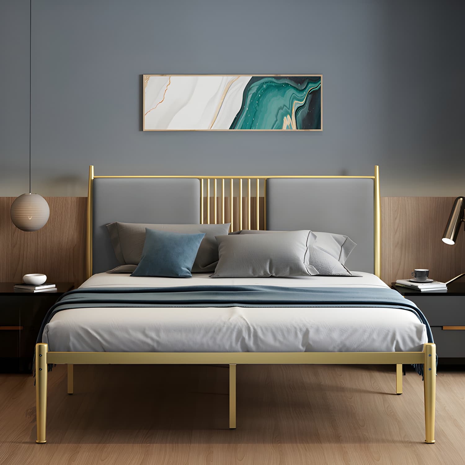 Golden Metal Bed Frame Set Glam 47.24" H Wire-Grid Open-Frame Bed with Headboard thumbnail 3