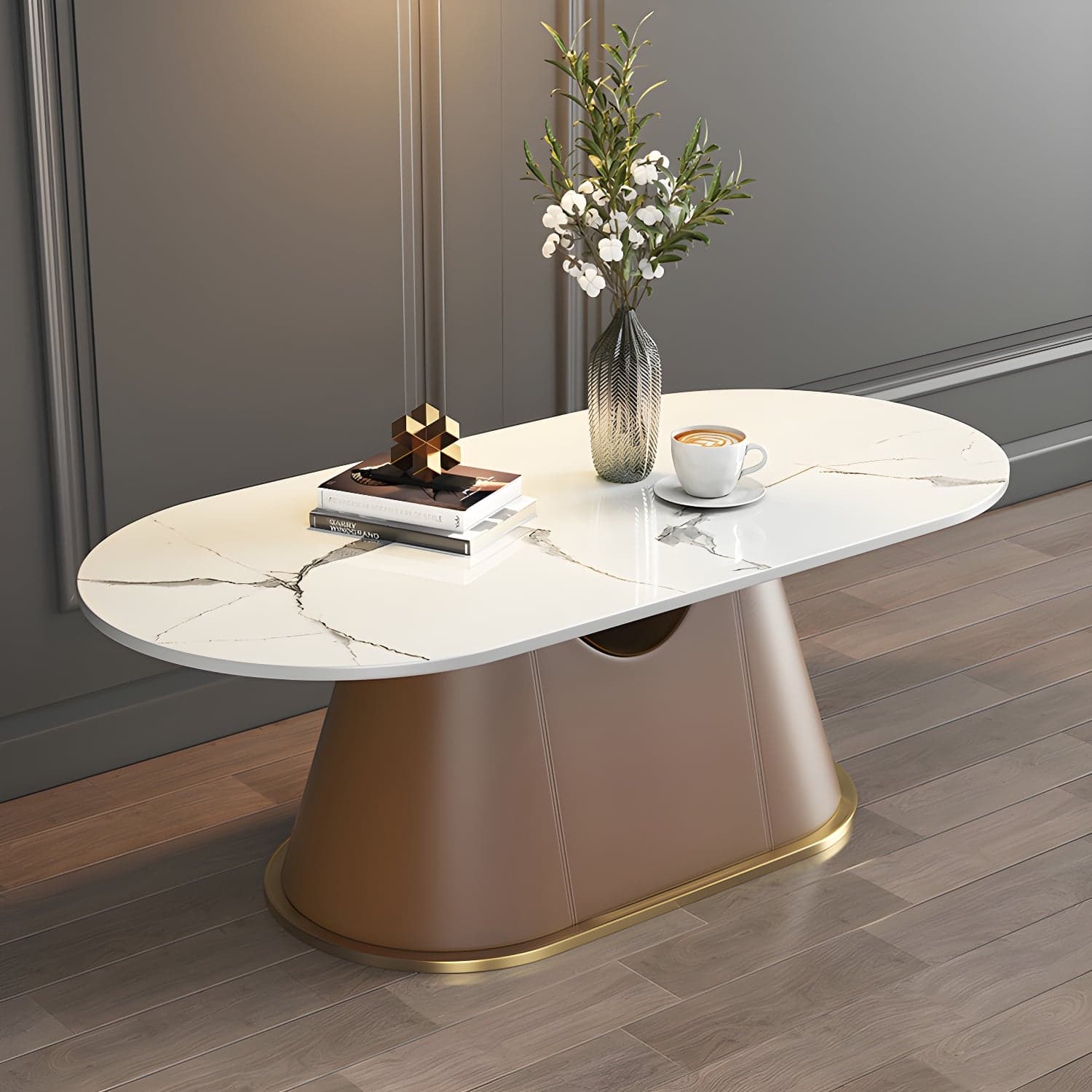 Glam Oval Stone Coffee Table with Pedestal Chrome Base - Scratch Resistant thumbnail 4