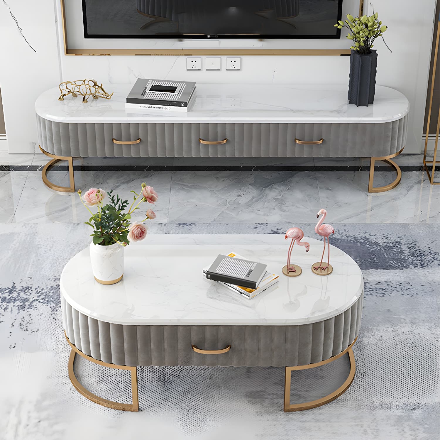 Scandinavian TV Stand Imitation Marble Enclosed Storage TV Console with Drawers thumbnail 13
