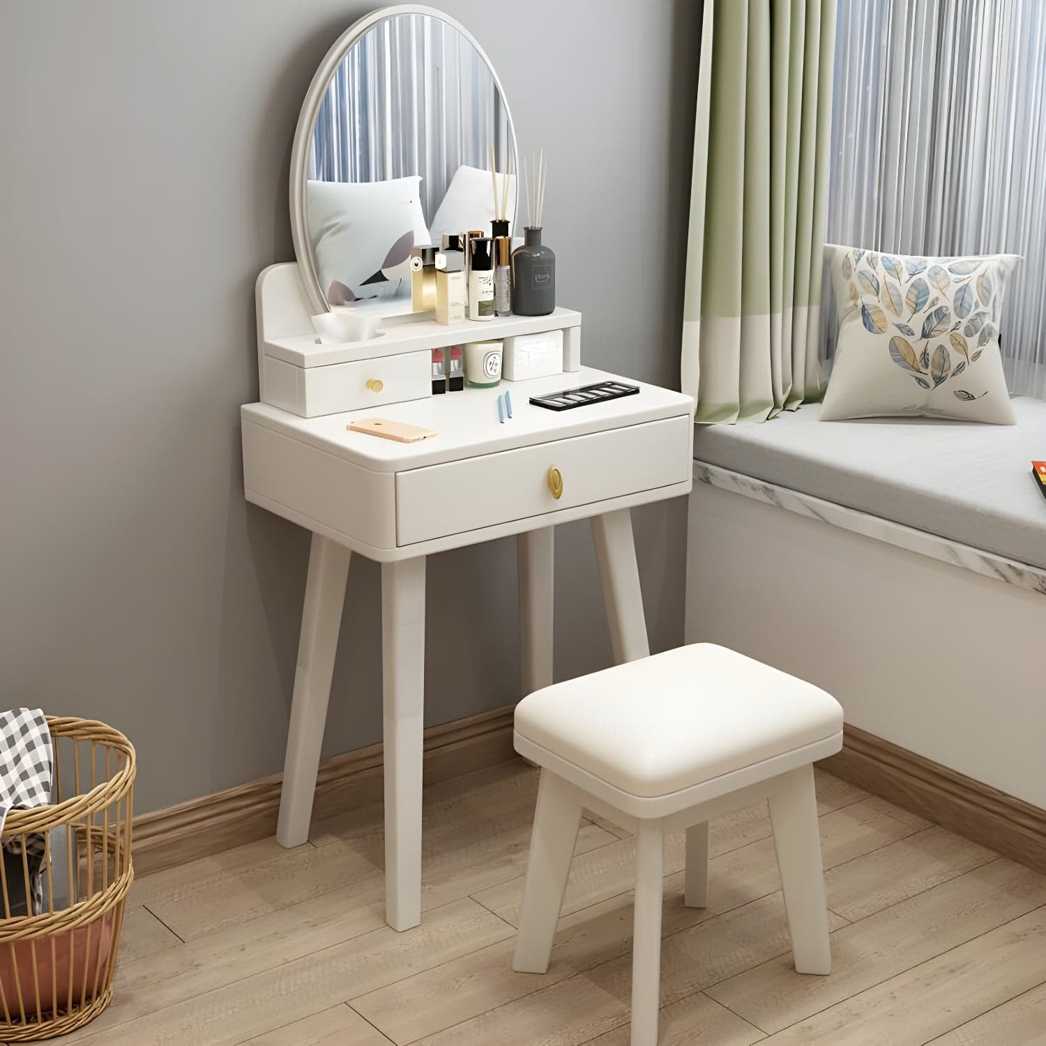 Modern Wood Makeup Vanity with Drawers, Mirror & Upholstered Chair thumbnail 4