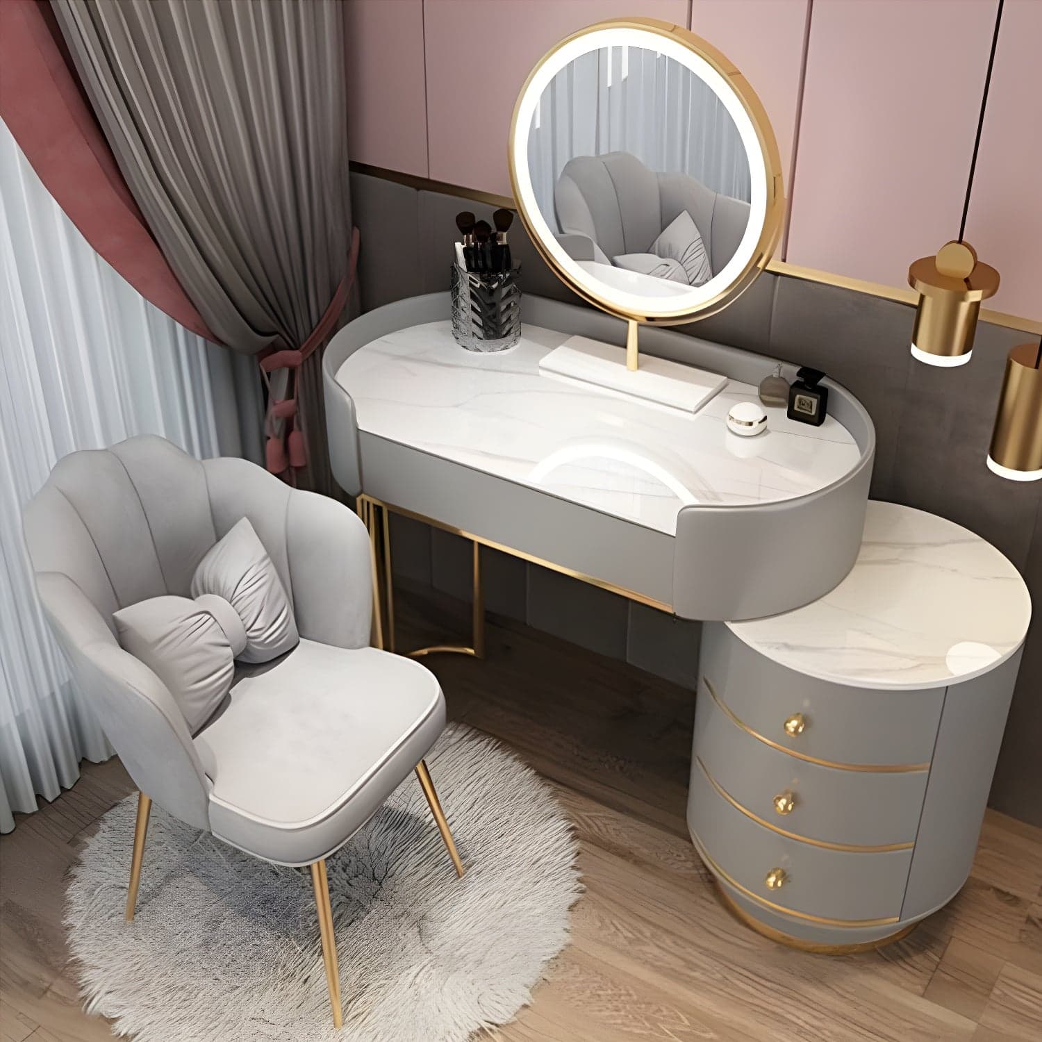 Contemporary Bedroom Metallic Lighted Mirror With Drawer Makeup Vanity Set thumbnail 1