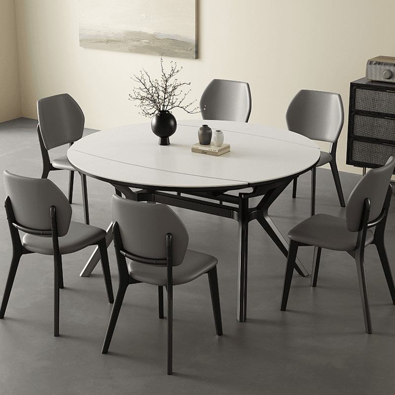 Minimalist Rounded Slate Dining Table Set with 4 Legs, Fold-away Leaf, and Light Gray/White Finish thumbnail 1