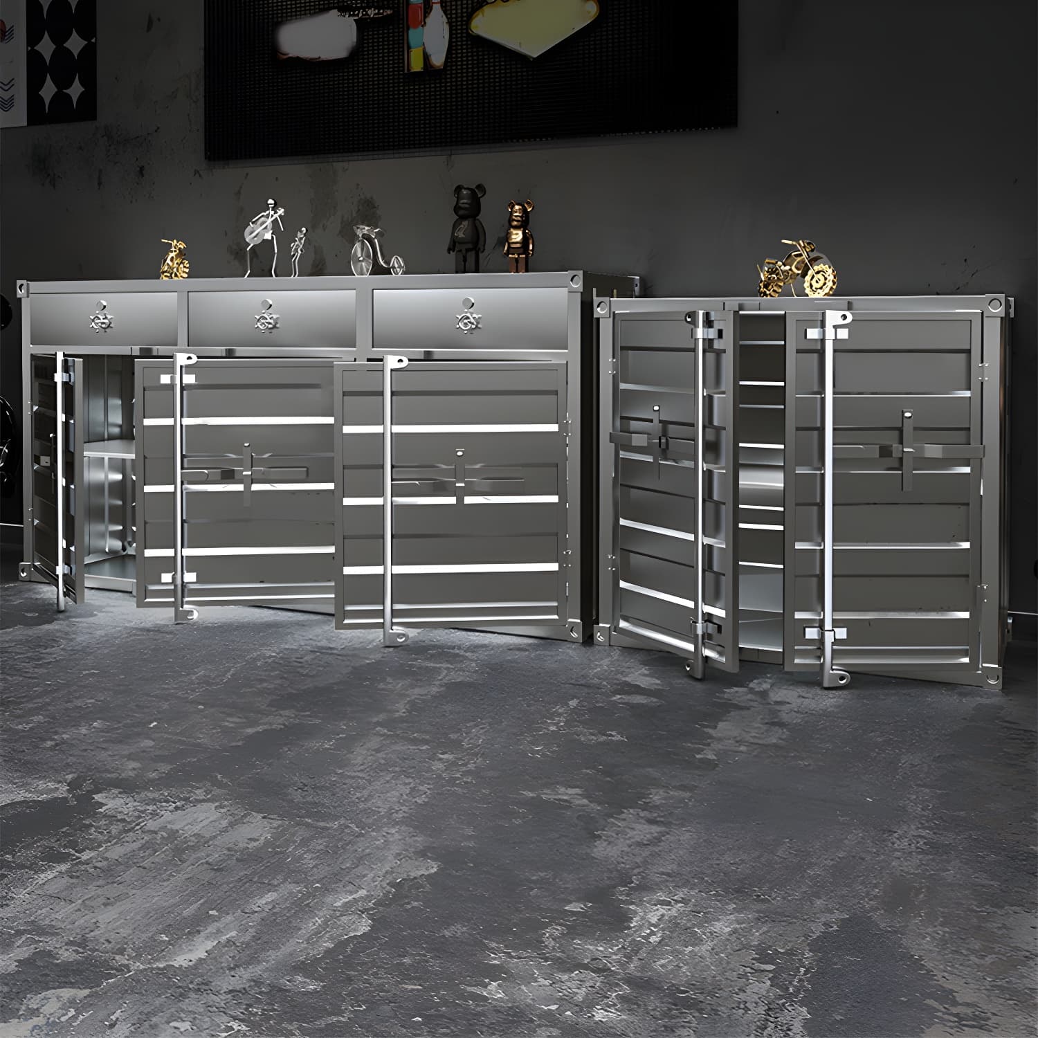 Industrial Silver Metal Sideboard Credenza with Cabinets and Shelves thumbnail 3