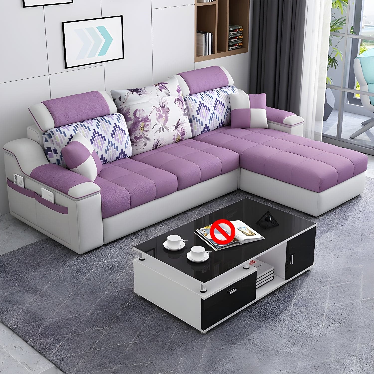 Reversible L-Shape Scandinavian Sectional Sofa with Ottoman and Adjustable Headrest in 2 Piece Set thumbnail 8