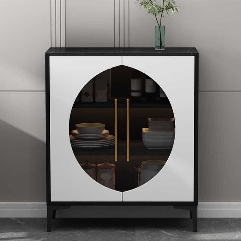 Stunning Wood Sideboard Credenza with Stone Countertop and Glass Doors