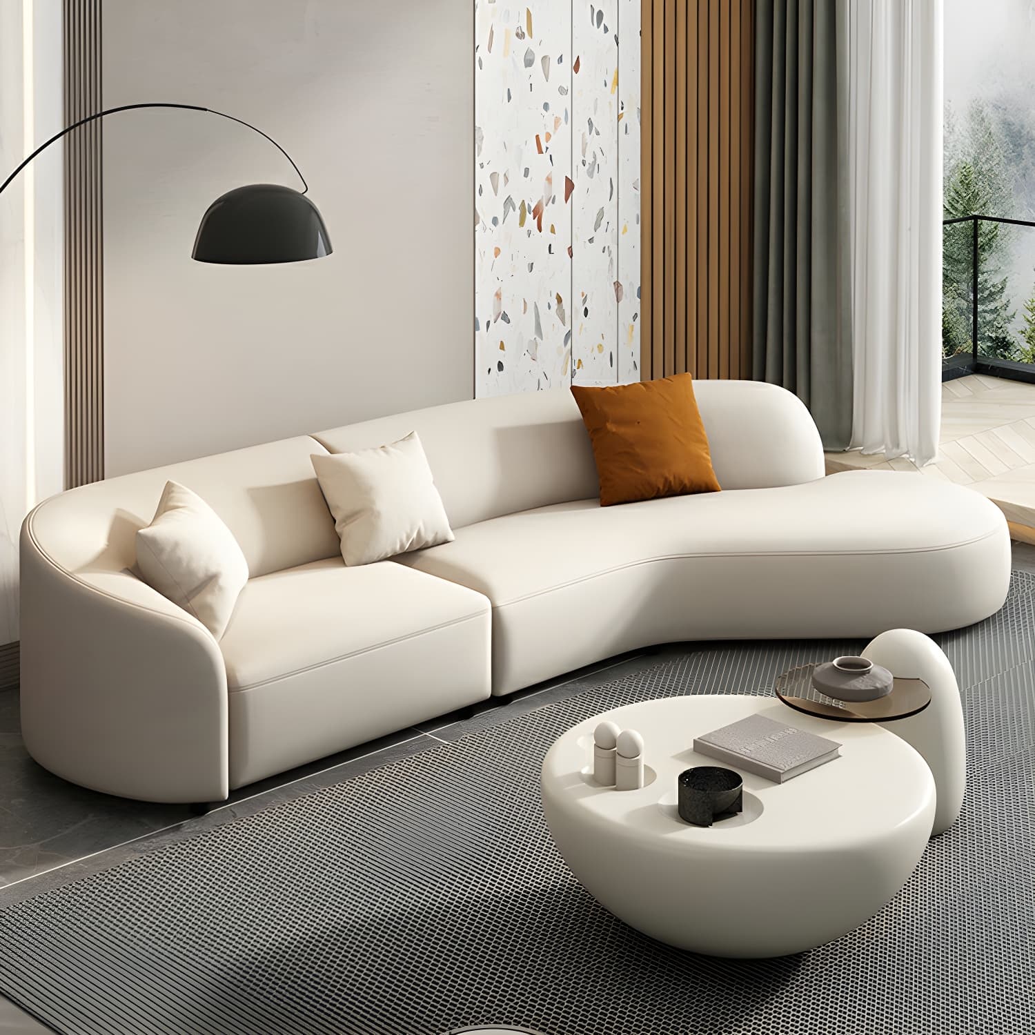 Modern Beige Tech Cloth Stationary Sectional Sofa with Wood Frame and Flared Arms thumbnail 2