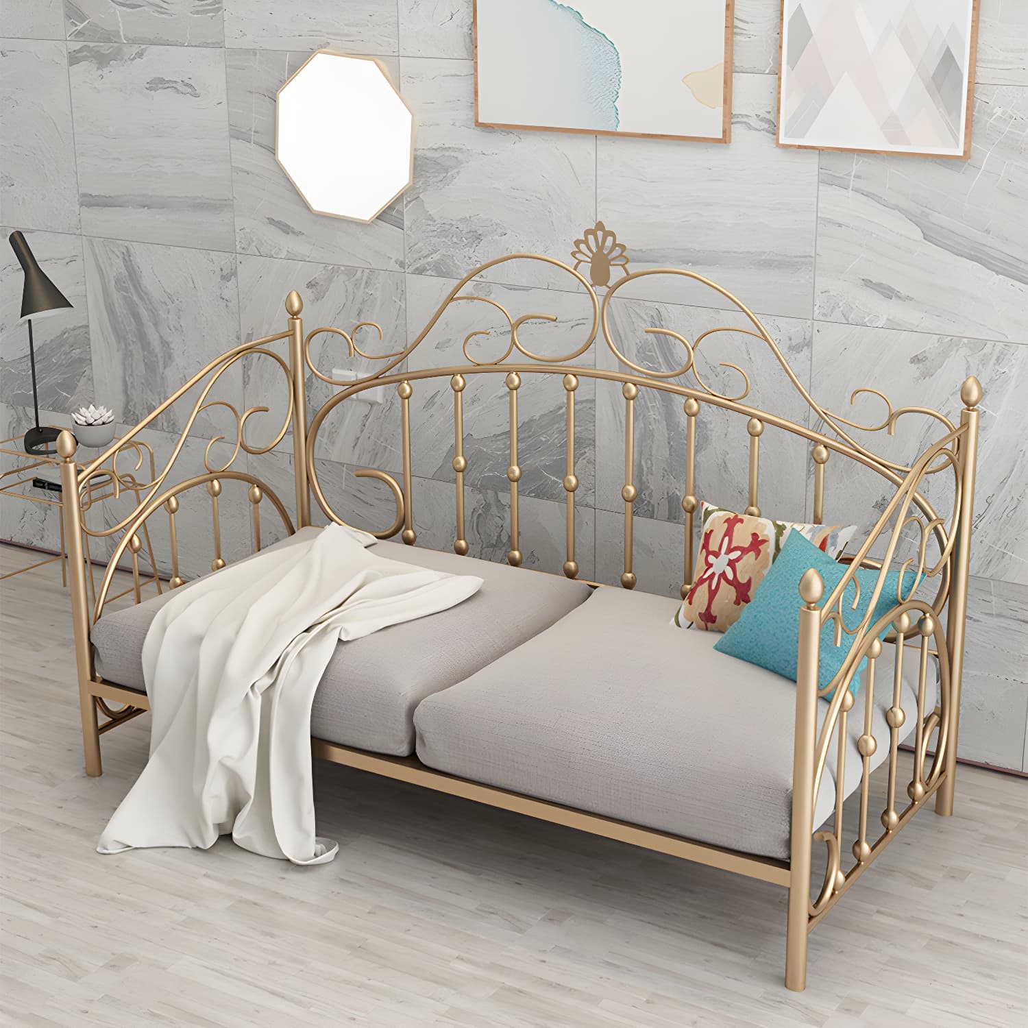 Luxurious Open-Frame Bed 45.28-inch High Metal Child's Bed with Headboard thumbnail 12