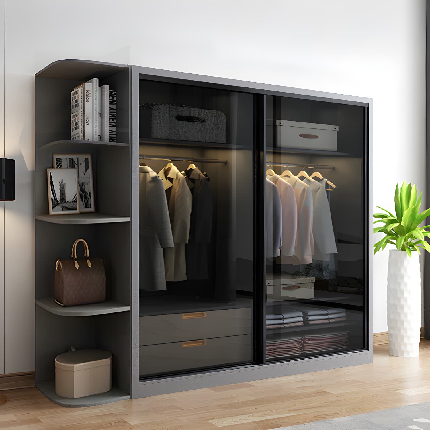 Black Wardrobe Cabinet Contemporary Glass Wardrobe Armoire for Home thumbnail 4