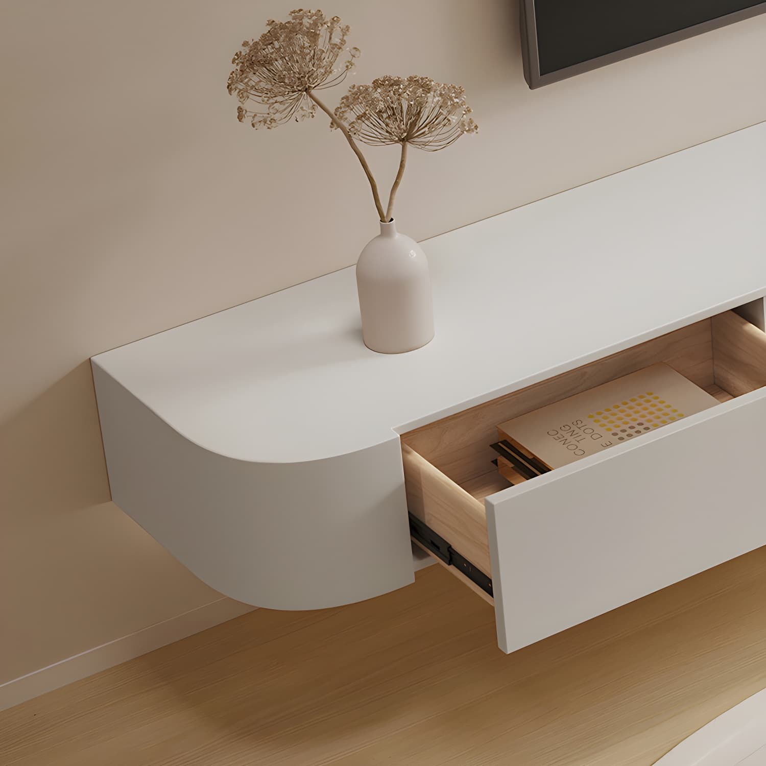 White Wall-mounted Media Stand with Drawers Contemporary TV Console, Faux Wood thumbnail 8