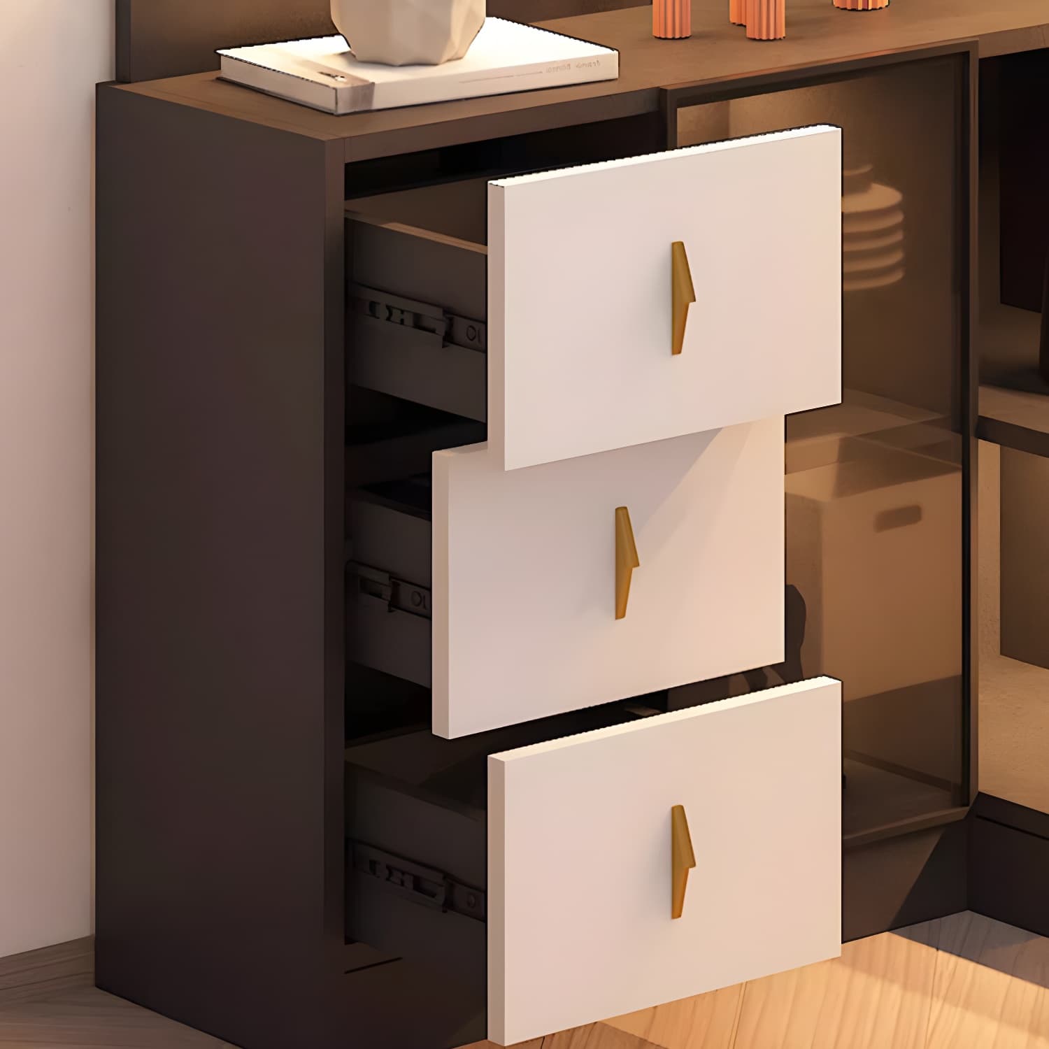 Corner Modern Accent Cabinet with Wood Counter Top, Glass Doors, Drawers, and Adjustable Shelves thumbnail 8
