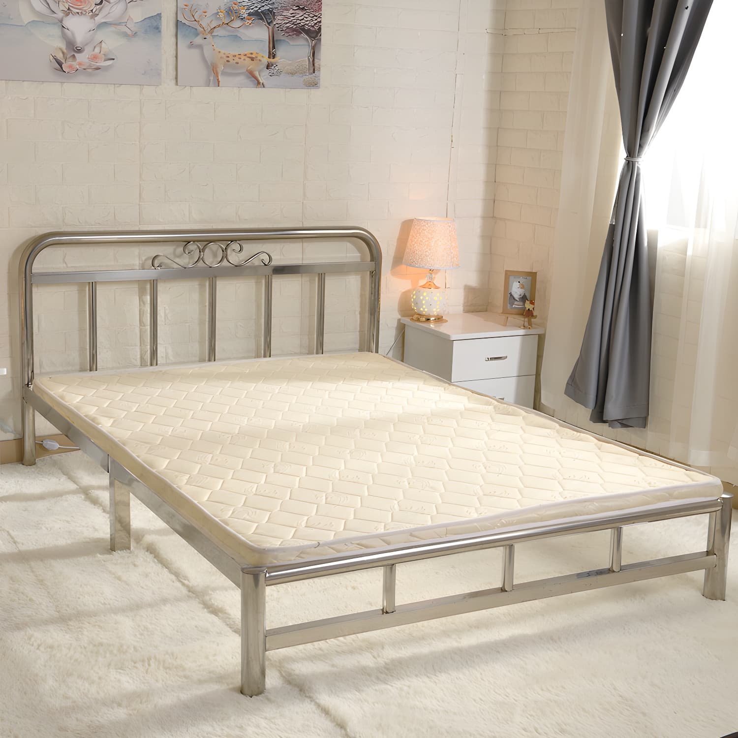Silver Modern Steel Bed Rectangular Minimalist Bed with Metal Legs thumbnail 3