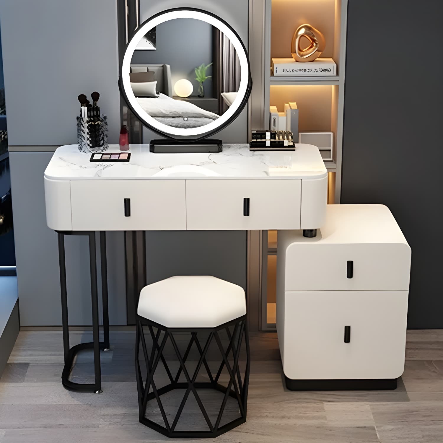 Modern Stone Top Makeup Vanity Desk with Solid Wood Storage Drawers thumbnail 8