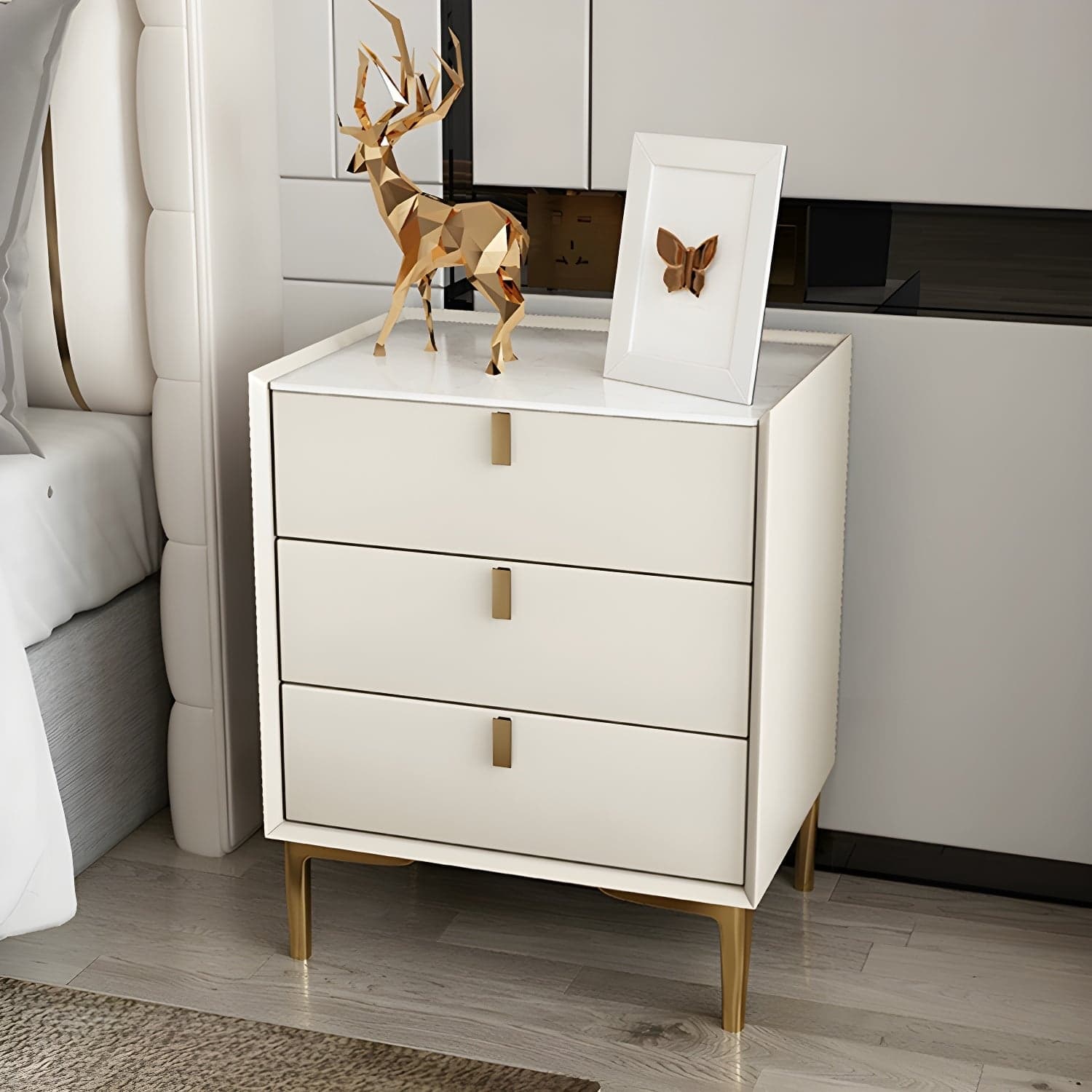 Glam Style Sintered Stone Top 3-Drawer Nightstand with Legs for Bedroom thumbnail 1