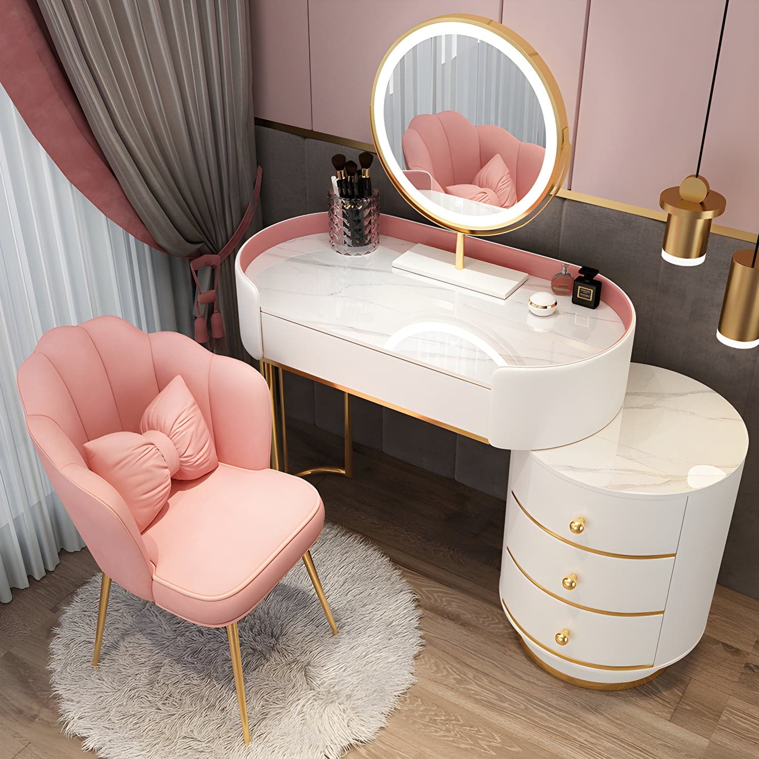 Wooden Makeup Vanity Desk Lighted Mirror Vanity Dressing Table Set with Drawer thumbnail 5