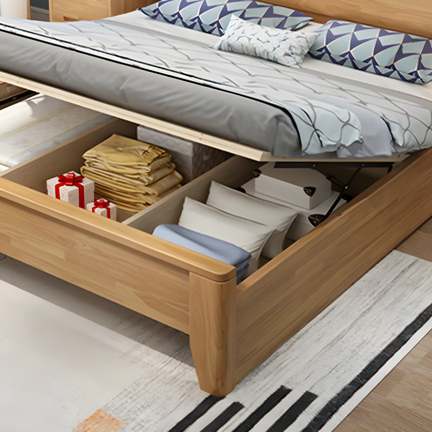 84.65 inch Wide Mid-century Bed Frame Rubberwood Bed with Headboard thumbnail 9