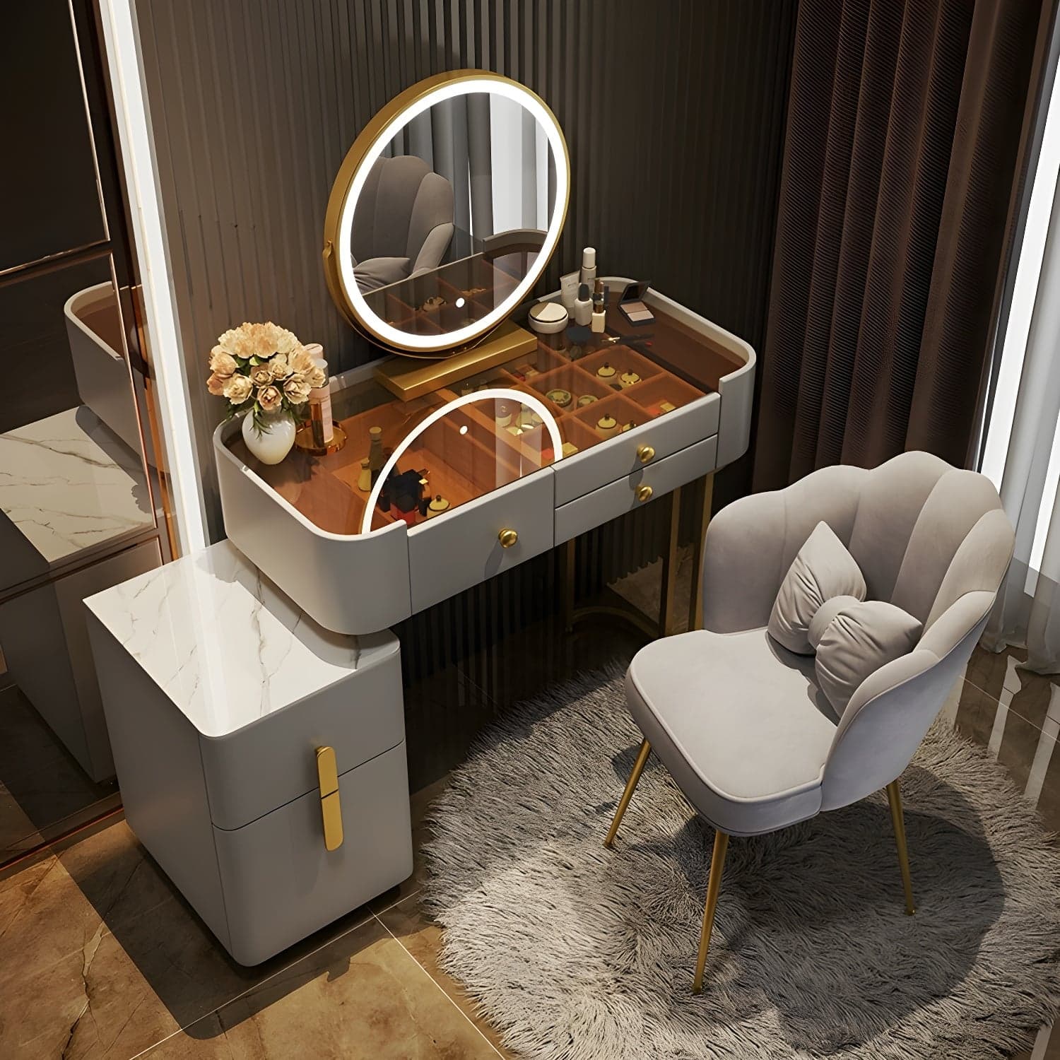 Contemporary Slate Countertop Adjustable Makeup Vanity with Drawers for Bedroom thumbnail 2