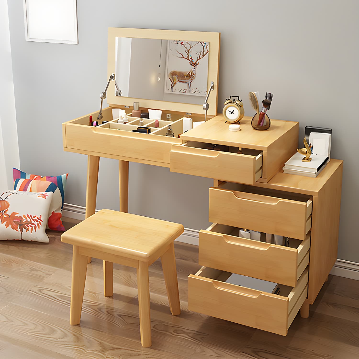 Solid Wood 1/4-Drawer Vanity Makeup Table with Mirror and Stool - 17.72" D thumbnail 6