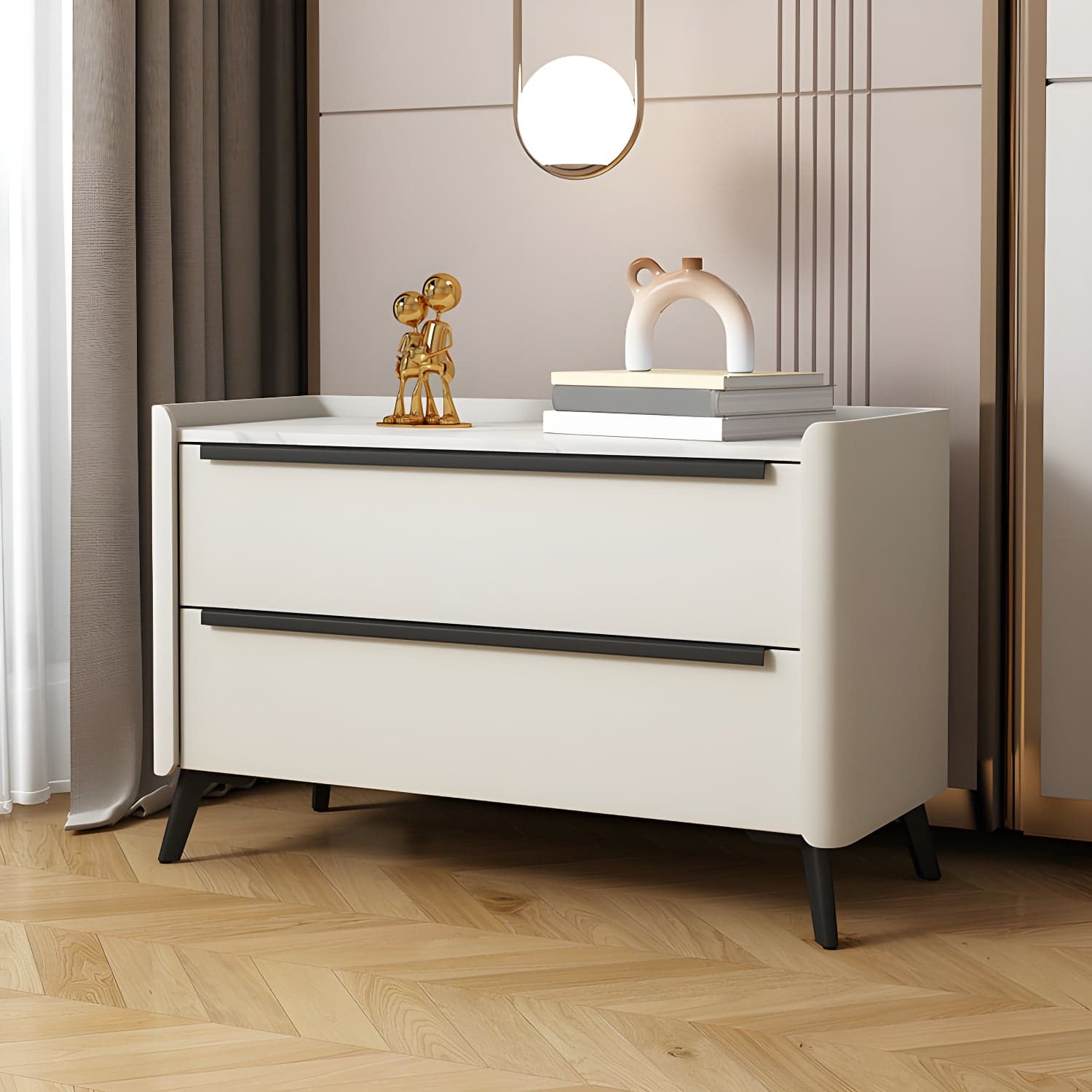 Modern Faux Leather Top Nightstand with Two Drawers and Stone Countertop thumbnail 5