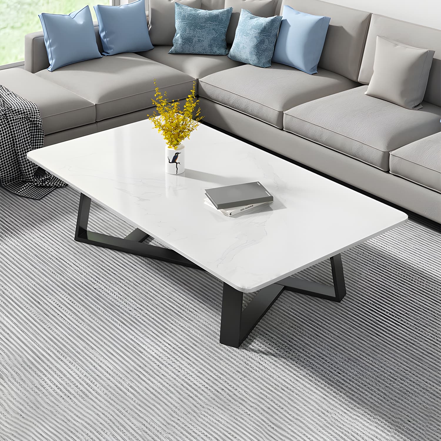 Stone and Metal Coffee Table Contemporary Coffee or End Table with Cross Legs thumbnail 2