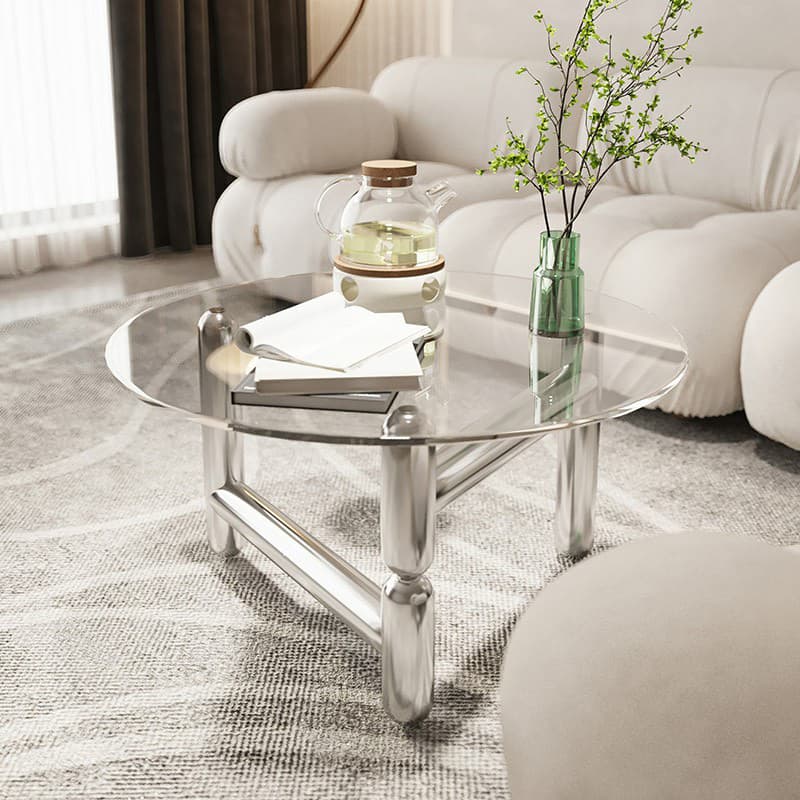 Sleek Silver Stainless Steel Coffee Table with Tempered Glass Top thumbnail 4