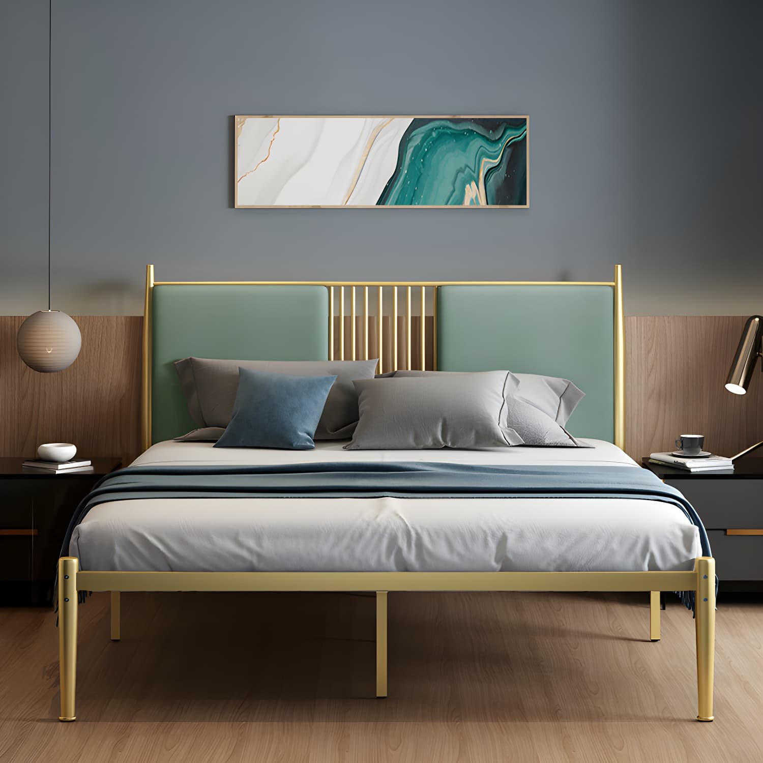 Golden Metal Bed Frame Set Glam 47.24" H Wire-Grid Open-Frame Bed with Headboard thumbnail 4