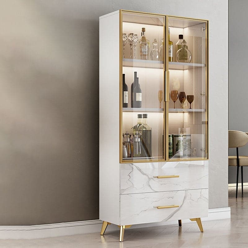 Modern-Style Glass Top Rectangular Accent Cabinet White.Drawer included, No Exterior Shelves