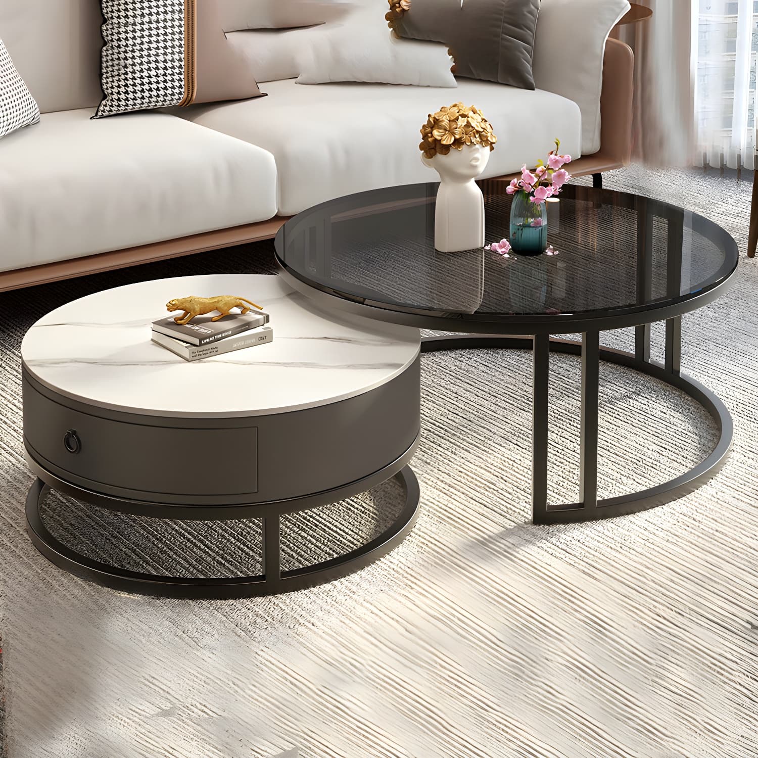 Modern Glass Coffee Cocktail Table Round Nesting Coffee Table Set thumbnail 12