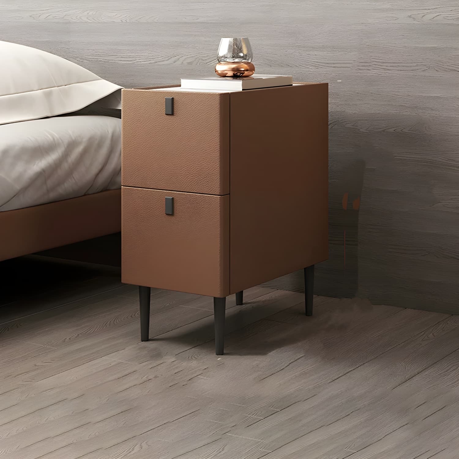 Modern Style Leather Polychromatic Choice of Black Cabinet Leg Nightstand thumbnail 4