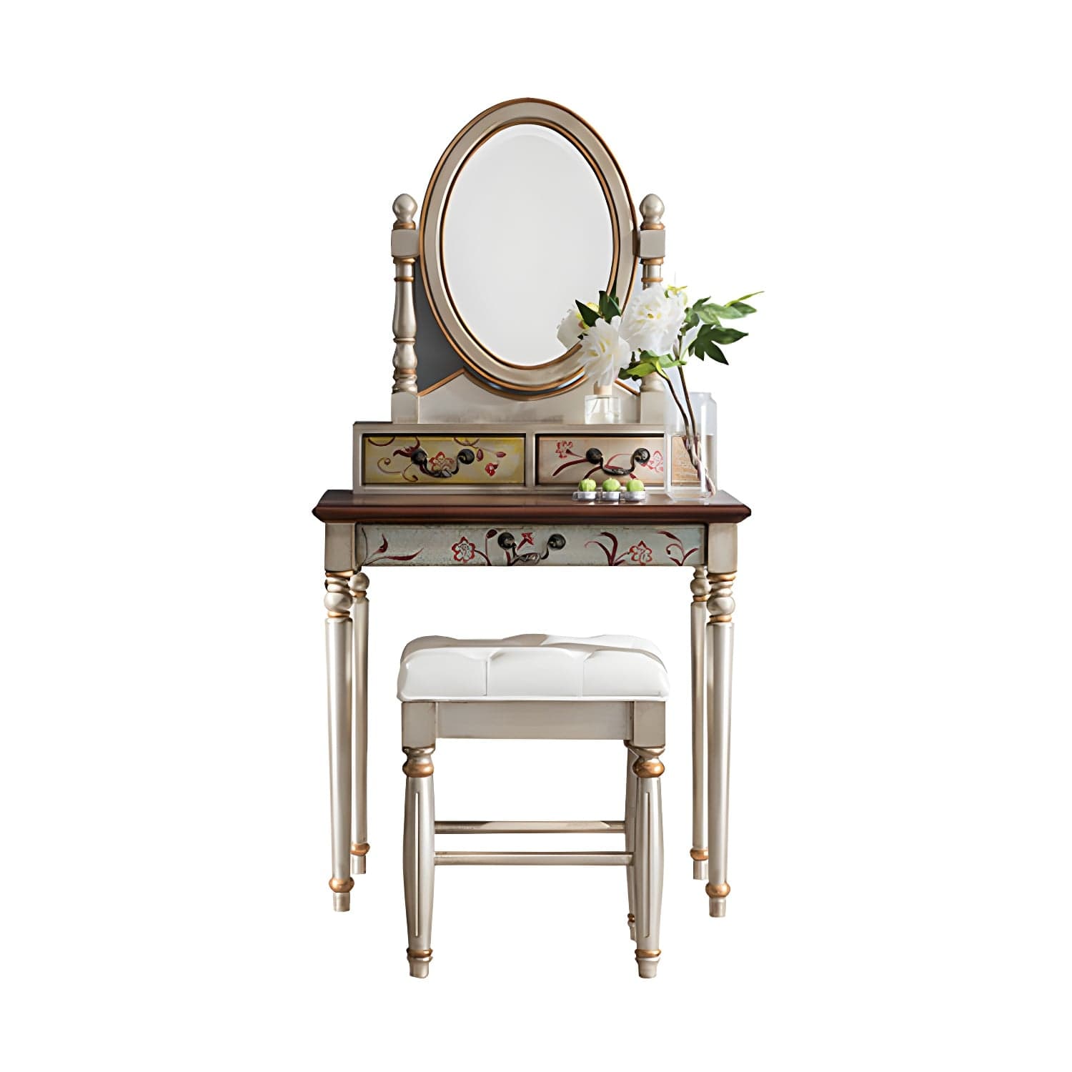 Victorian Vanity Set Solid Wood Drawers Included Makeup Dressing Table With Mirror & Stool thumbnail 3