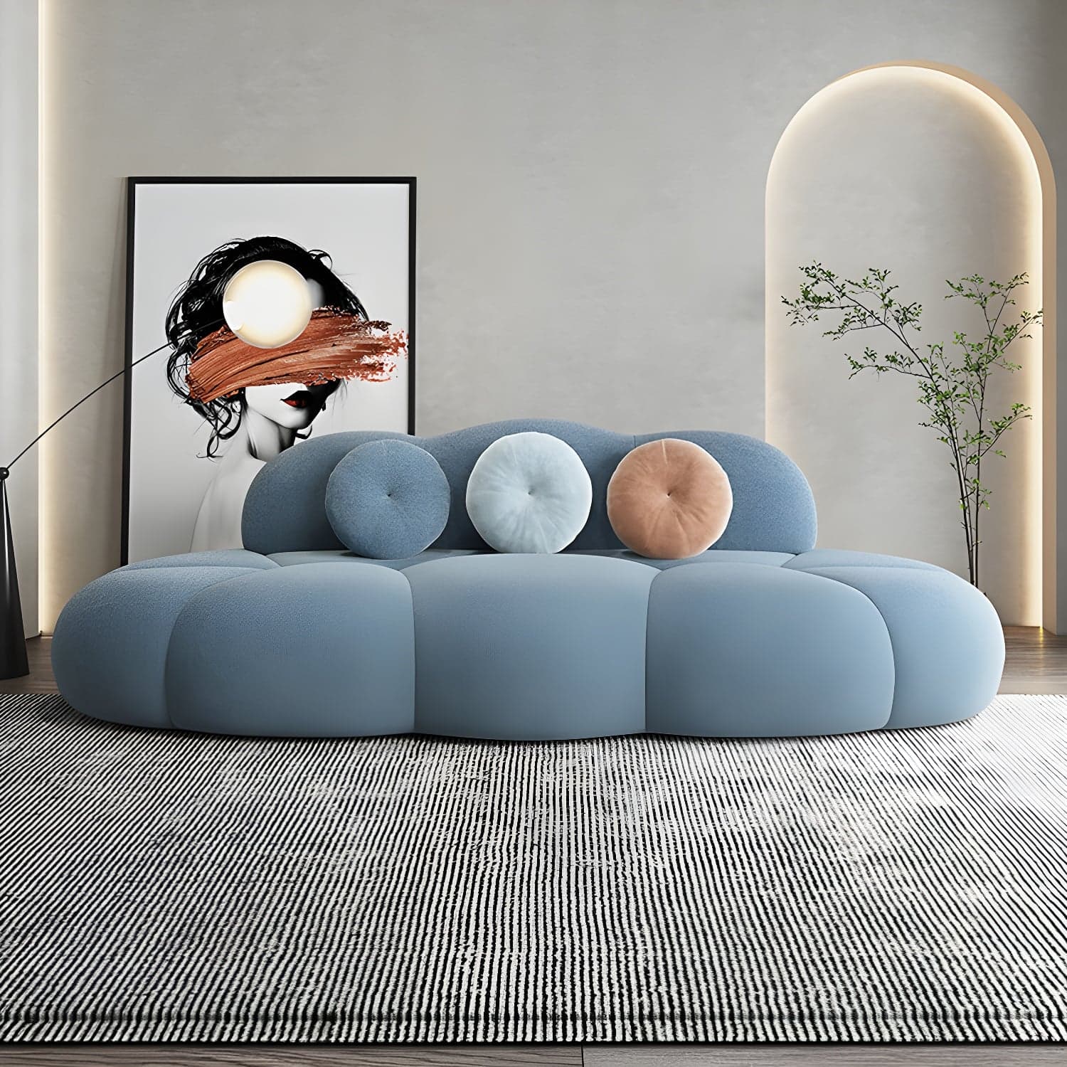 Contemporary Armless Wool Sofa with Tight Back and 3 Pillows thumbnail 5