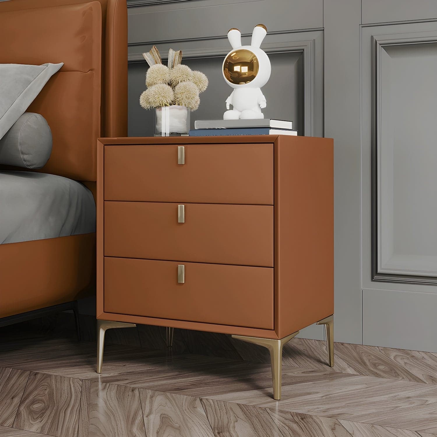 Glam Style Solid Wood 3-Drawer Nightstand with Legs for Bedroom thumbnail 10