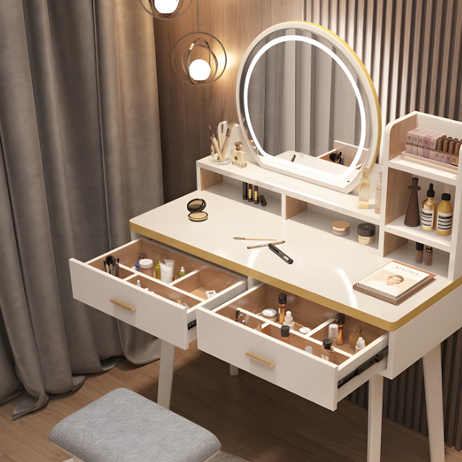 Traditional Bedroom With Drawer Solid Wood Lighted Mirror Make-up Vanity thumbnail 9