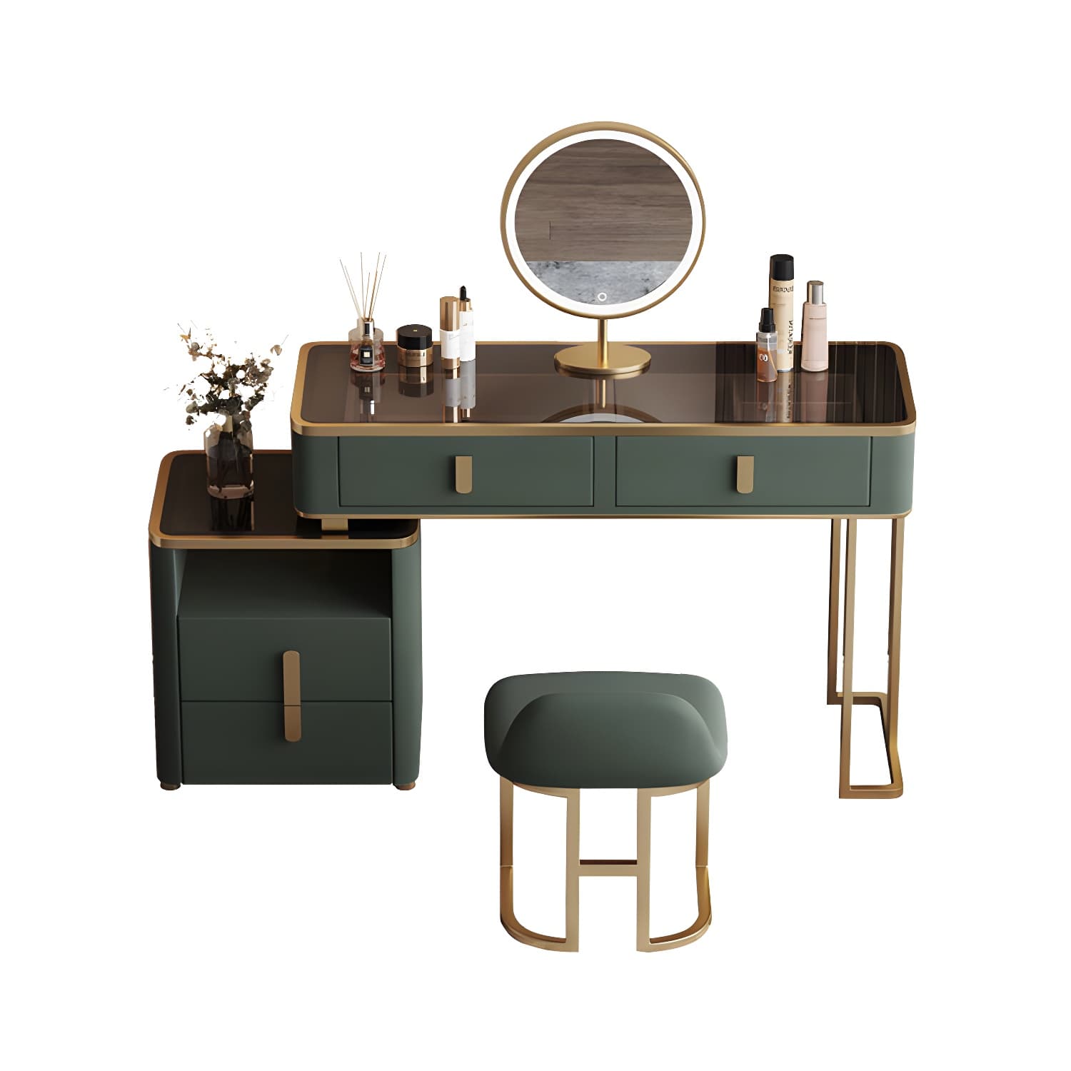 Glass Top Dressing Table Solid Wood Green Make-up Vanity with Drawers thumbnail 11