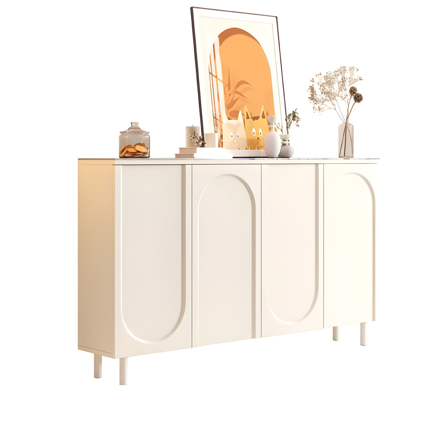 Scandinavian Wood Buffet Sideboard Cabinet with Stone Countertop Shelves Included thumbnail 8
