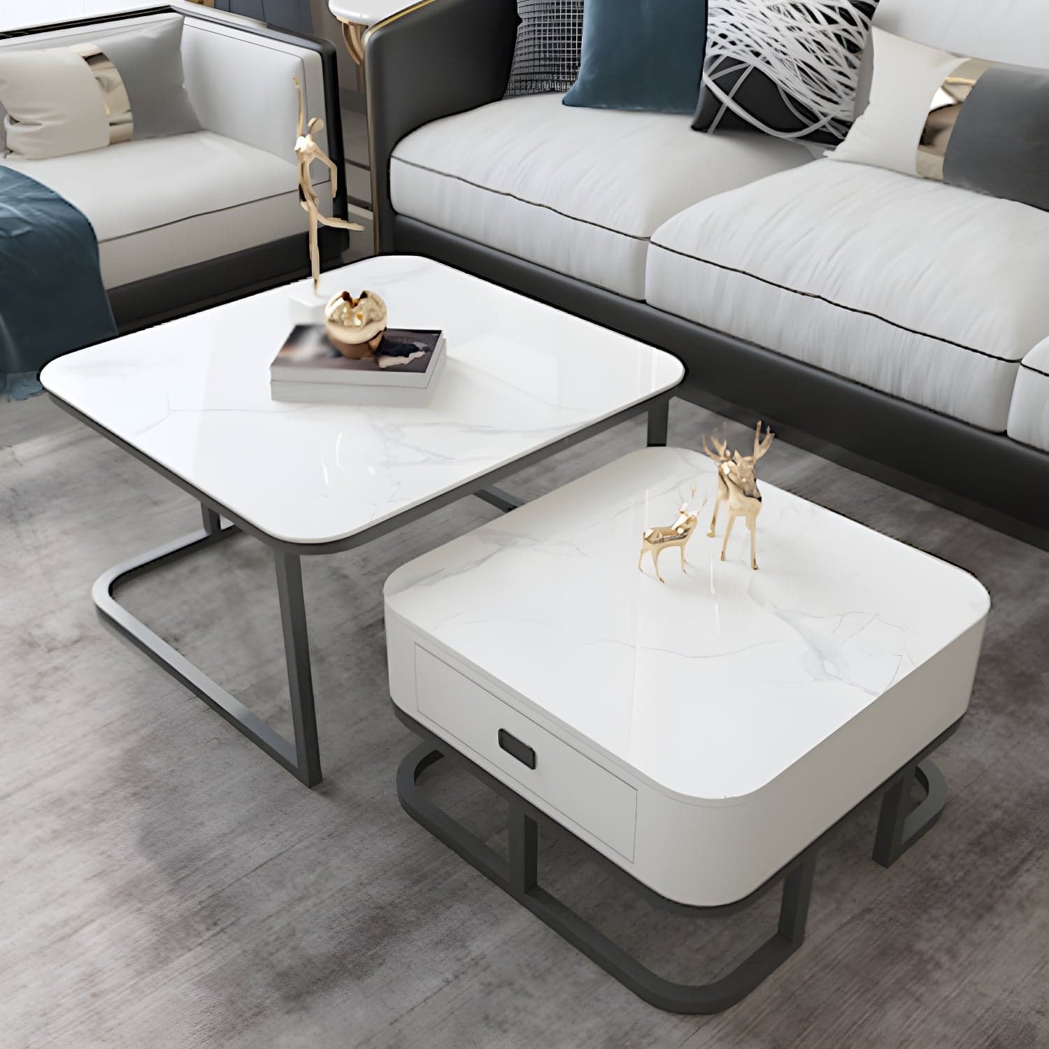 Round Slate/ Glass Coffee Table Frame 2 Nesting Cocktail Table with Storage thumbnail 4