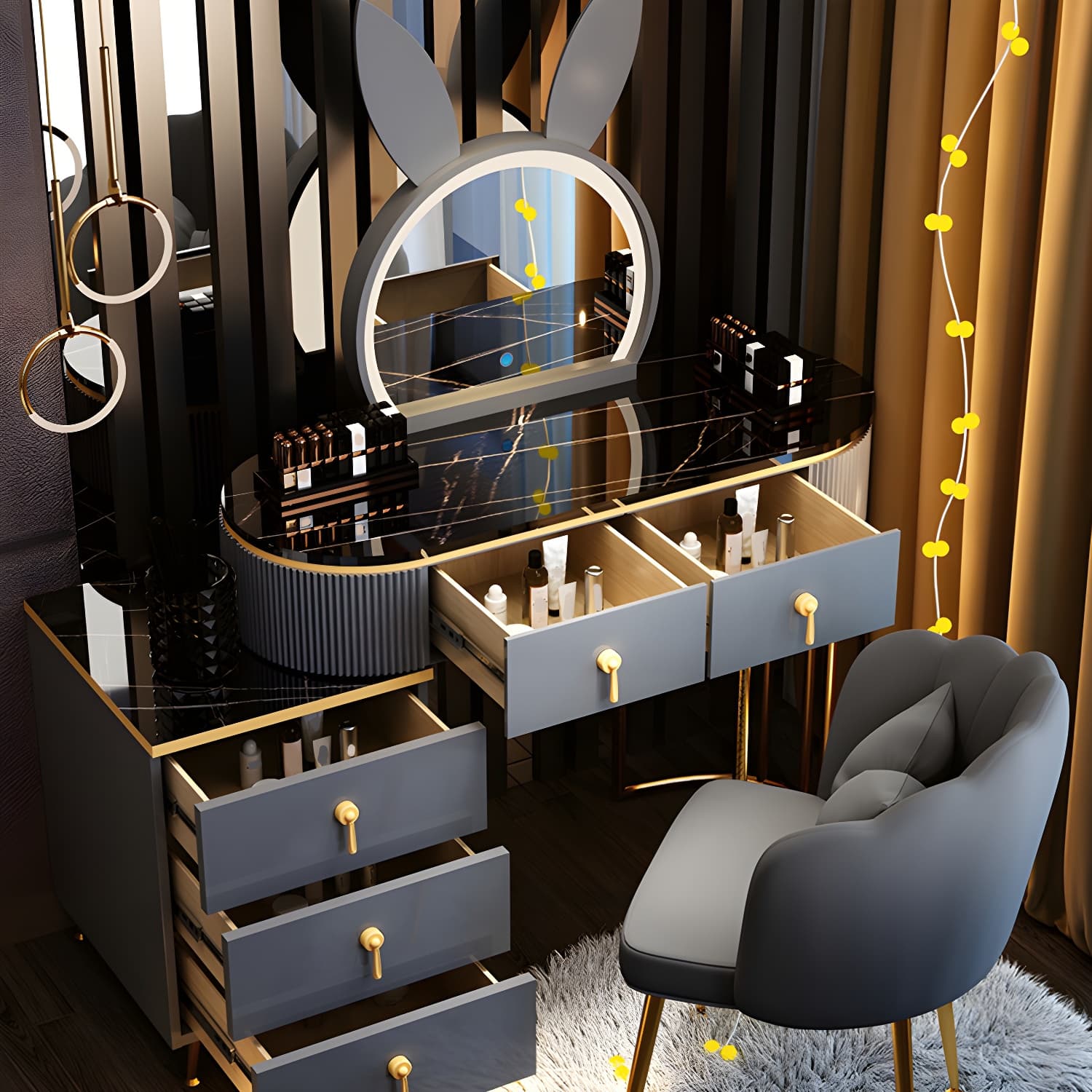 Contemporary Vanity Makeup Dressing Table Stool Set with Storage Drawers thumbnail 4